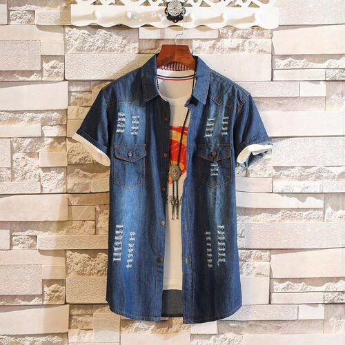 Summer Mens Lapel Fashion Washed Denim Short Sleeve Shirt t