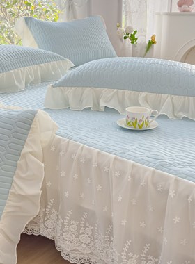公主风床裙乳胶凉席三件蓝色凉感冰丝空调席子夏季花边水洗床盖