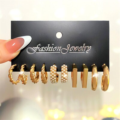 Fashion Gold Color Earrings Set Geometry Butterfly Pearl Ear