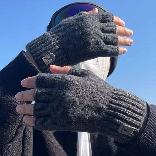 Knitted Thick Thermal Half Finger Gloves Women Men Winter Ou