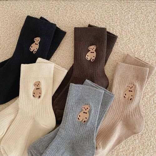 Autumn Winter Cotton Kids Socks Korean Retro Style Bear Embr