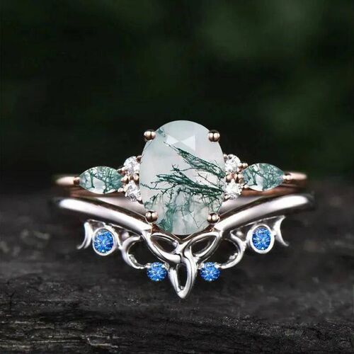 Two Tone Oval Cut Handmade Moss Agate Ring for Women Girl re