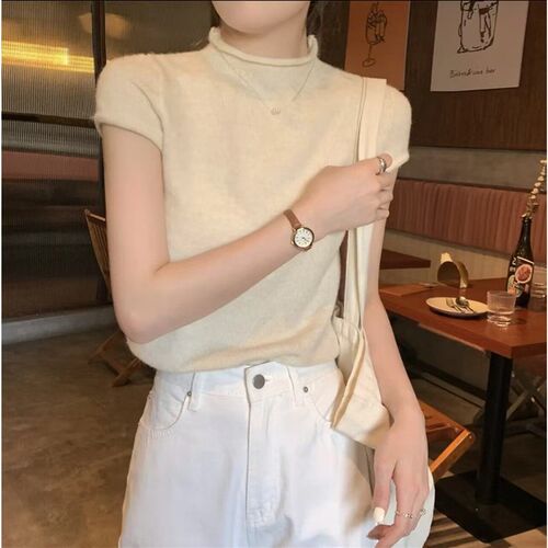 Korean Chic Micro Turtleneck Front Shoulder Slim Thin Short-