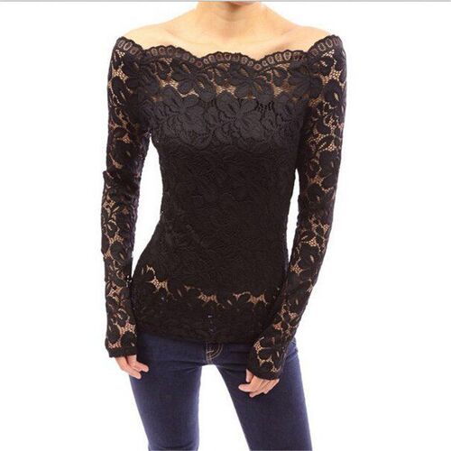 Sexy One shoulder Womens Lace Blouse Top Black White Long
