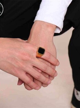 Men rings stainless steel black agate rings steel color ring