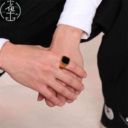 Men rings stainless steel black agate rings steel color ring