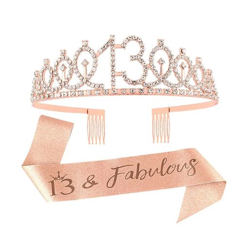 Birthday Tiara Crown and Sash for Women Girls Sweet 13th 16t