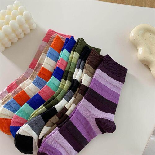 Colorful striped womens mid tube socks with double needle