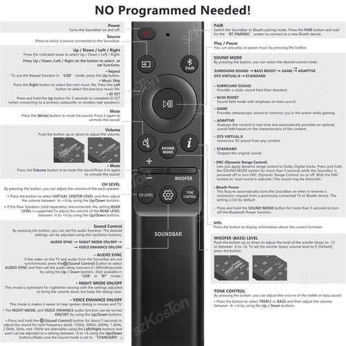 Sound bar Remote for  Soundbar Speaker System Replacement Su