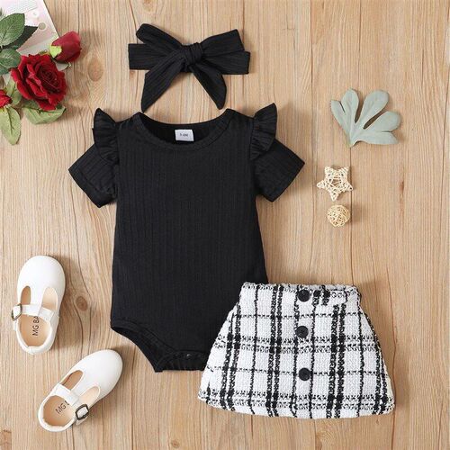 Summer Pure Color Fly Sleeve Romper Checkered Skirt Headscar