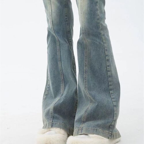 Blue Women Jeans Gyaru Flare Pants High Waist Vintage Denim