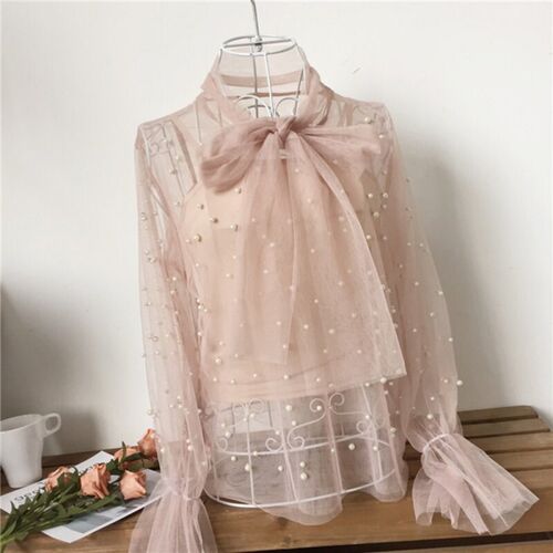 Hot Sales Summer Long Flare Sleeve Bow Tie Mesh Blouses Wome