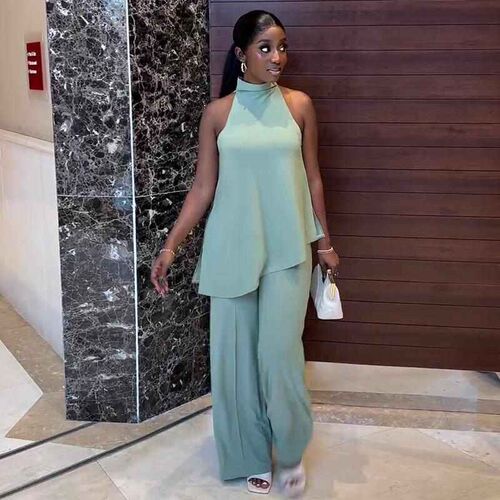 Womens off shoulder sleeveless tank top, wide leg pants set