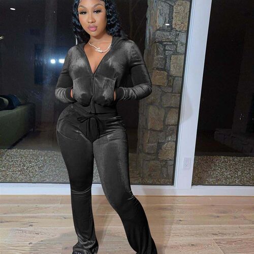 Fall Casual Black Matching Sets 2 Two Piece Sets Velvet Trac