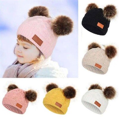 Knitted Baby Pompom Beanie Cap Cute Soft Double Pompom Ski