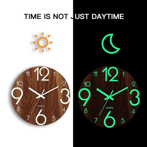 Wooden Wall Clock Luminous Number Hanging Clocks Quiet Dark
