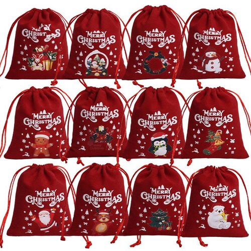 10Pcs Red Christmas Velvet Bags Drawstring Santa Gift Pouch
