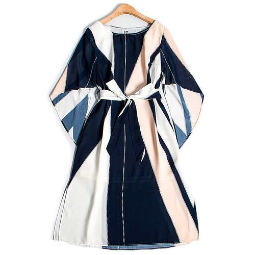 Geometric print dress, summer waist chiffon dress, medium-lo