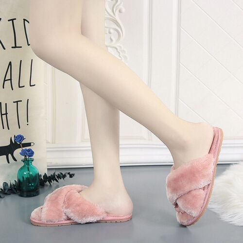 Cross-top Childrens Fur Slippers For Women, Large Size Oxfo