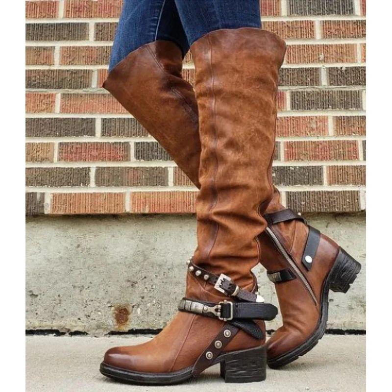 Women Winter Leather Punk style knee boots Vintage stud zip图片