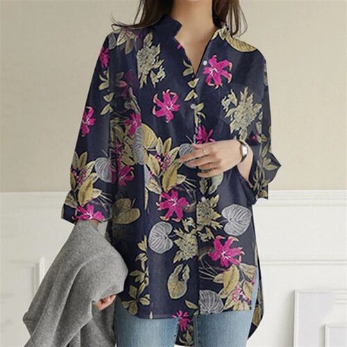 Fashion Womens New Shirt Striped Printed Slit Loose Long Sl