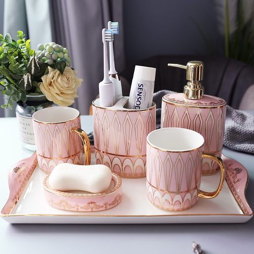陶瓷卫浴洗漱装漱口杯装浴室家用卫浴五件卫生间洗浴带托盘