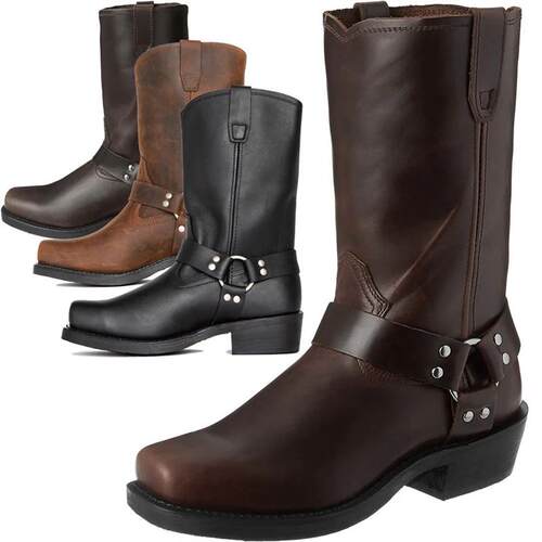 Mens Vintage Cowboy Boots High Top Chain Buckle Strap Men K