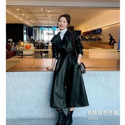 Spring Black Oversized Long Waterproof Leather nc