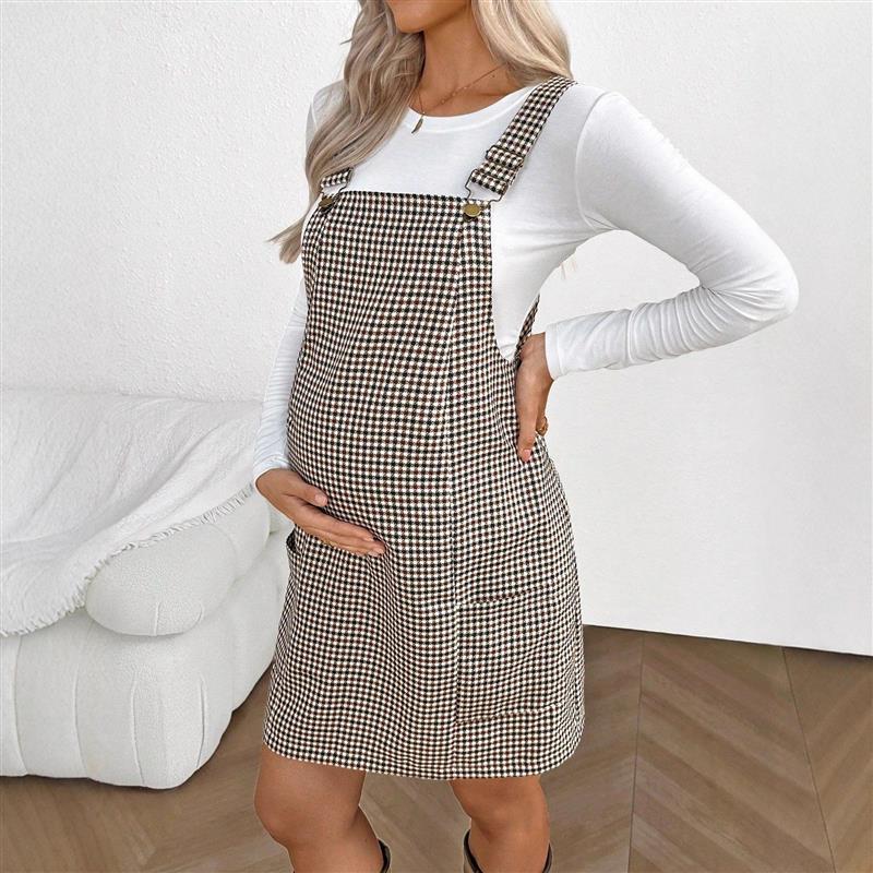 maternity suspender plaid dress spring Pregnant women skirt图片