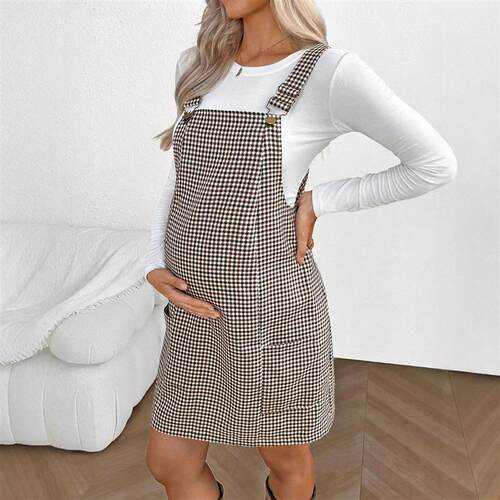 maternity suspender plaid dress spring Pregnant women skirt