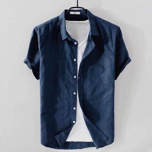 Mens Summer Cotton Linen Short-sleeved Shirt Lapel Casual Y