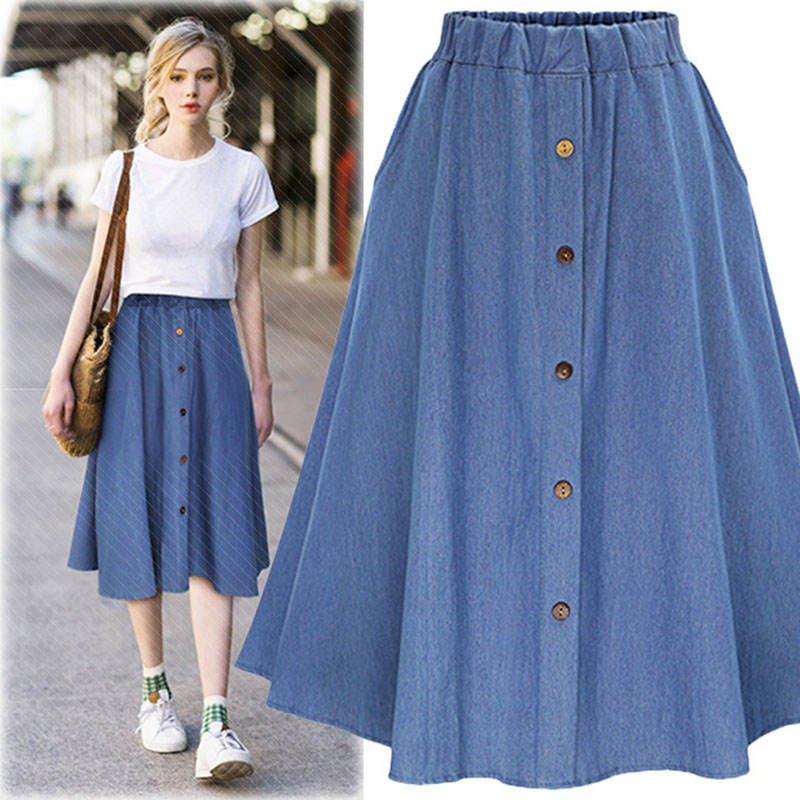 Fashion  Preppy Style Denim Skirts Women Solid Color Long Sk图片