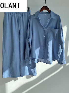 Ladies 2 Piece Set 2022 Cotton Linen Shirt Suit Loose Pants