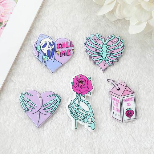 10Pcs+Pastel+Goth+Charms+Skull+Rose+Buttock+Creepy+Acrylic+J