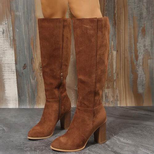 Boots Women Cowboy Heels Western Chunky Shoes Leather Knee H