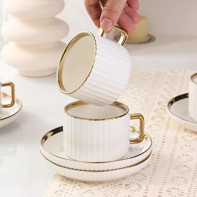 Ceramic Coffee Mug 250ml Gold Rim Cup and Saucer Set