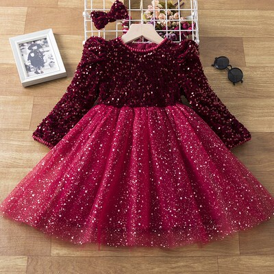 2022 Sequins Girl Dress Autumn Evening Party Gown Long Sleev