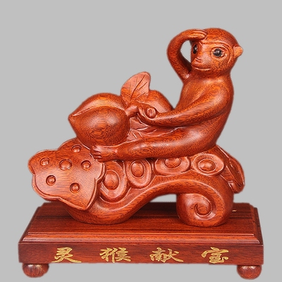 东阳木雕花梨木十二生肖红木猴子马上封侯实木绿色猴招财动物摆件