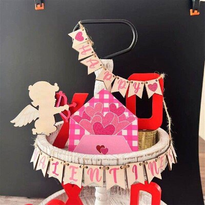 Valentines Day Tiered Tray Decor Set Heart Wooden Tabletop
