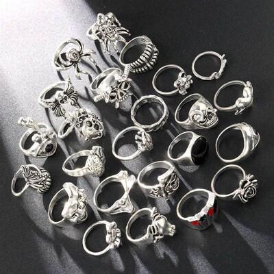 24 Pcs Gothic Skeleton Unisex Ring Set Punk Grunge Butterfly
