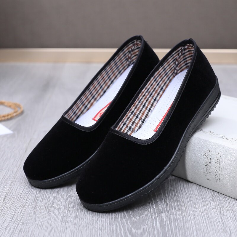 老北京布鞋女鞋平底单鞋一脚蹬浅口工作鞋女黑色广场舞妈妈鞋防滑