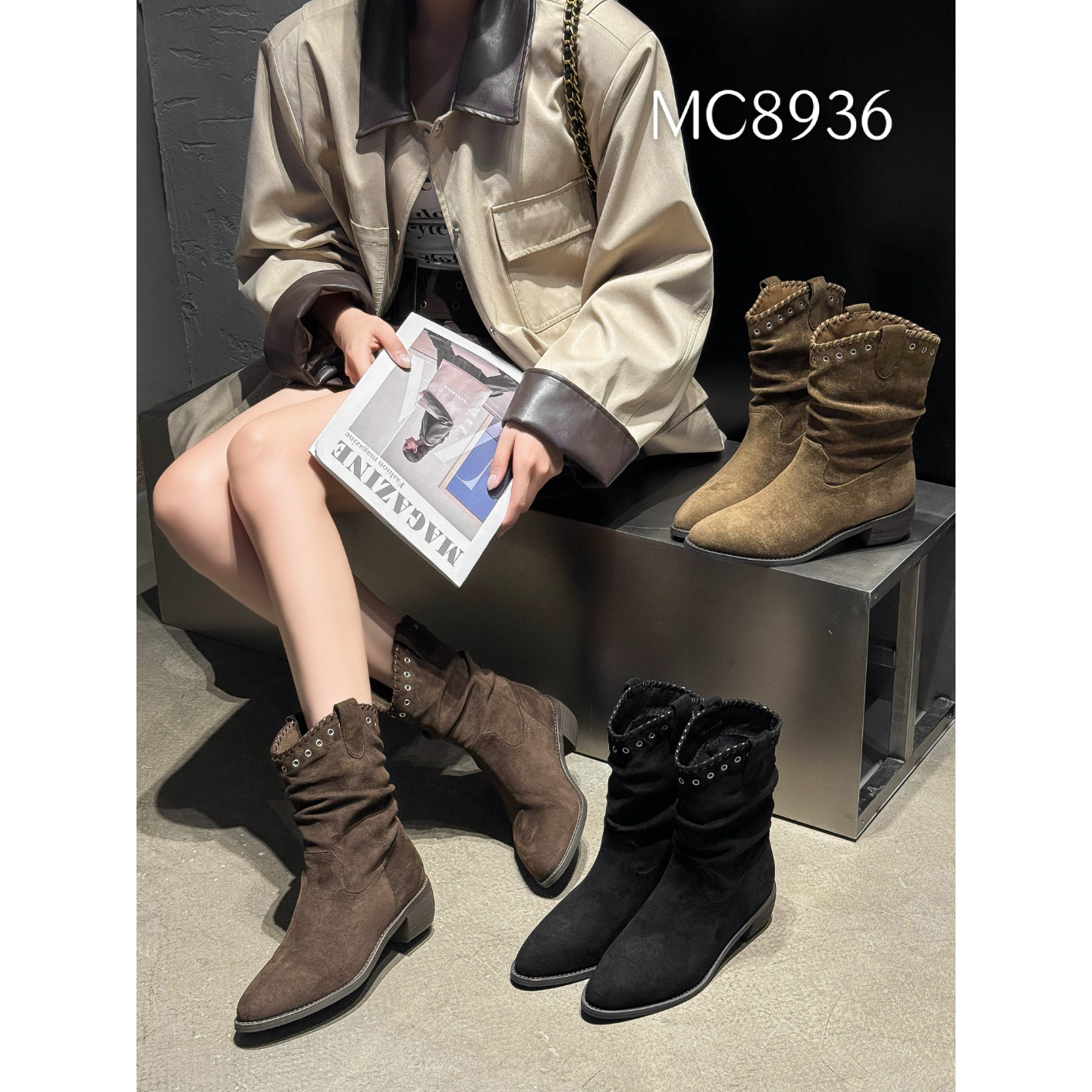 2025冬新款尖头铆钉粗跟西部短靴女英伦风马丁靴加绒瘦瘦靴女靴子,女鞋,西部靴,淘宝优惠券,粉丝福利购,淘宝优惠卷