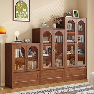 实木书柜带玻璃门收纳柜中古风客厅展示柜靠墙置物柜小户型收纳柜