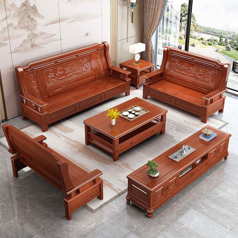 实木沙发三人位式用客厅农村堂自建房小家和#0中家木制凉屋椅香樟