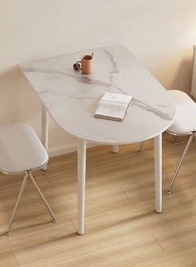 北约欧风ins小户型半圆白色子代餐桌岩板弧090形餐桌简现书桌椅组