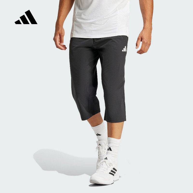 阿迪达斯男裤2025夏季新款梭织透气运动训练中裤跑步六分裤JG1245
