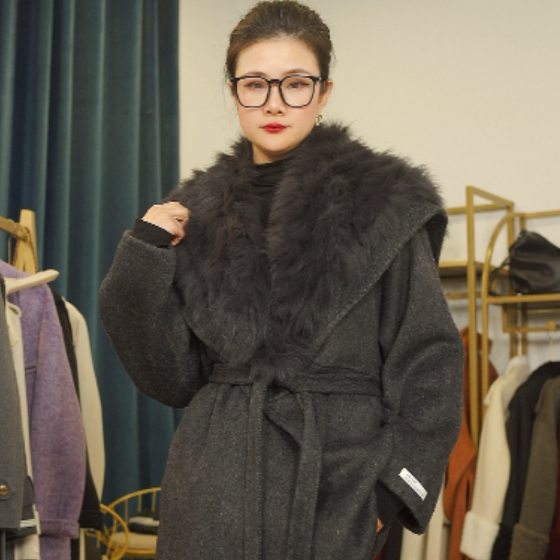 【25824】狐狸毛披肩可拆卸中长款加腰带高贵网红秋冬羊毛大衣