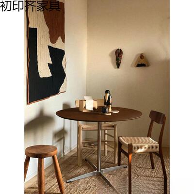 胡厅桃色实木小圆桌F001户小型家用复古餐椅桌咖啡中古阳台茶几饭