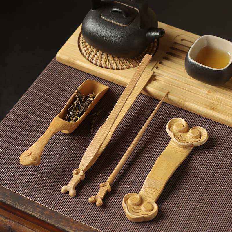竹制雕刻如意茶道六君子套装茶则茶铲茶针茶夹搁置四件套茶具配件