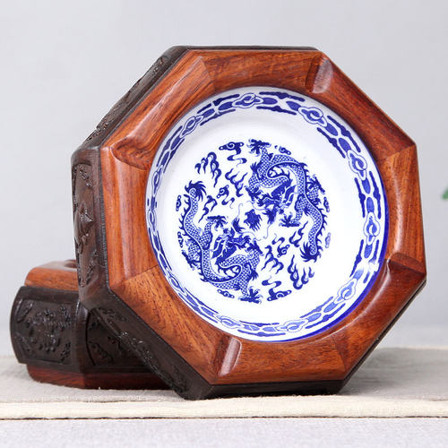 红木烟灰缸办公室客厅中式个性复古实木质潮流多功能瓷盆黑檀烟缸